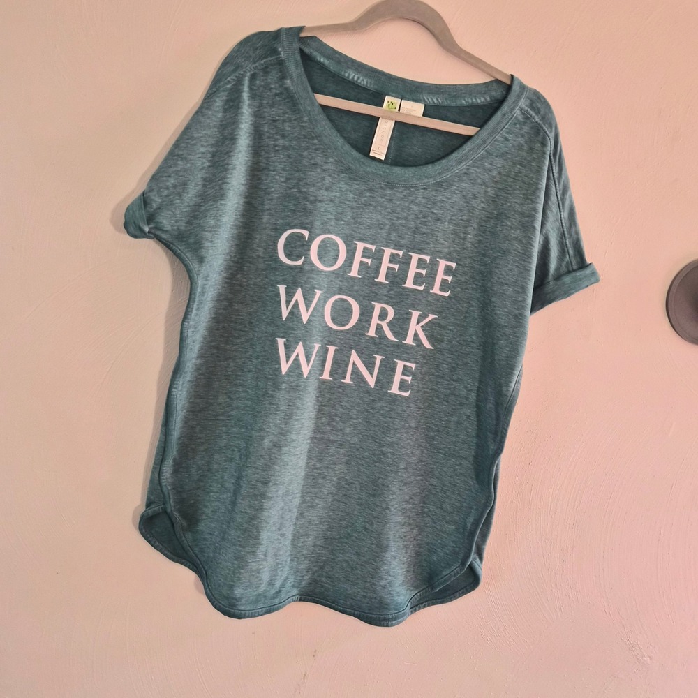 Halcyon Womens Large Graphic T-shirt Teal Tunic Casual Chic Loungewear Coffee